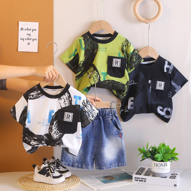 Boys' outfit 2026 new stylish baby letter pocket short-sleeve handsome infant summer two-piece set