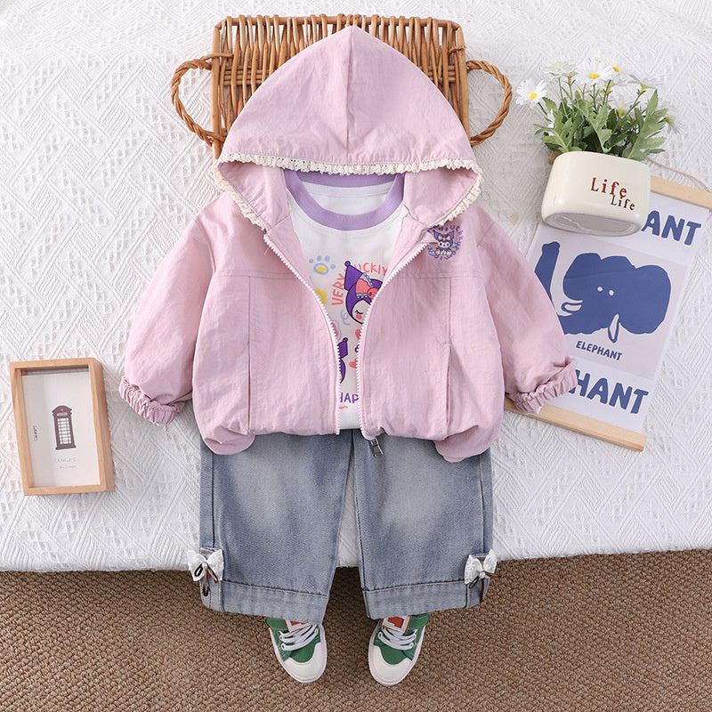 Baby outfit set, stylish children's clothing, toddler girl spring and autumn hooded cartoon jacket three-piece set