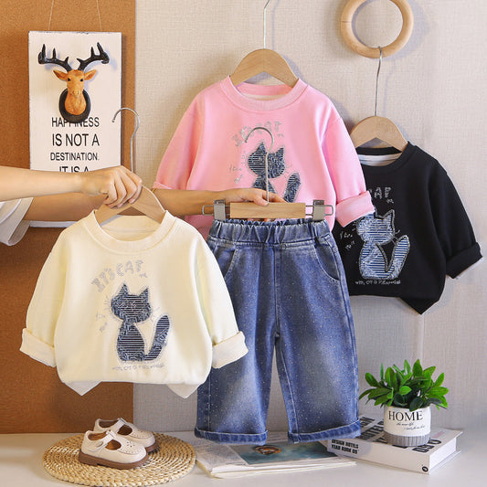 Girls' Outfit Set, Spring Autumn 2026 New Fashionable Stylish Cat Print Round Neck Sweatshirt and Jeans for Babies Wholesale