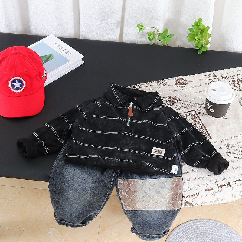 Boys' Outfit 2026 New Children's Spring and Autumn Lapel Fine Striped Sweatshirt Fashionable Two-Piece Set for Trendy Babies