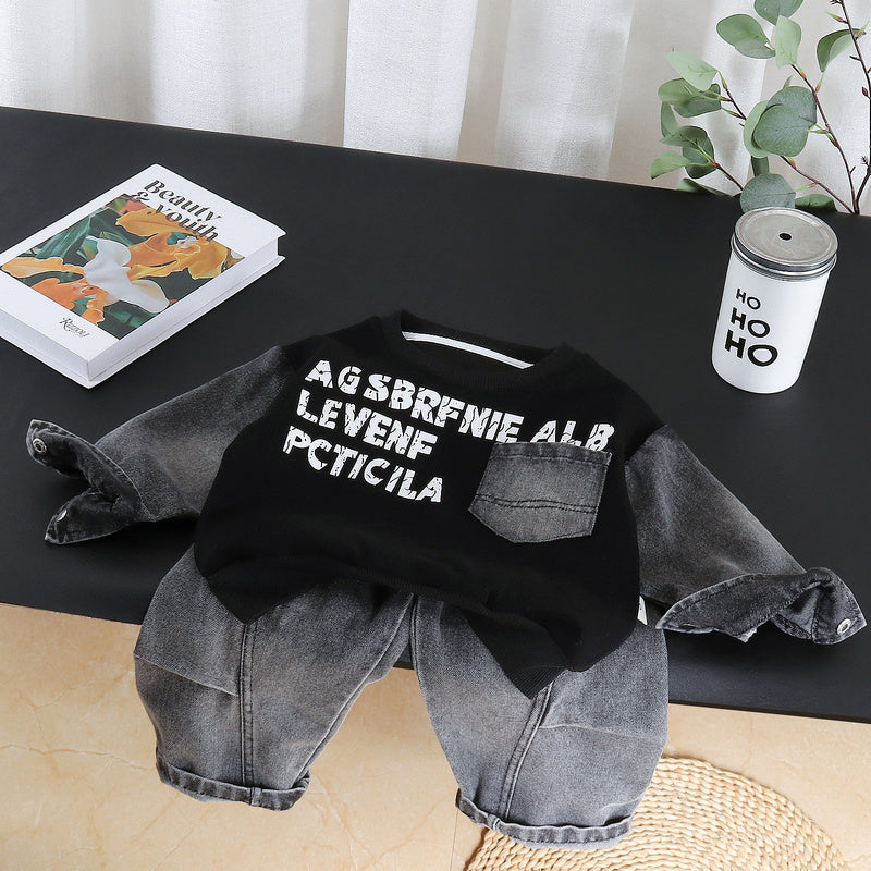 Boys' Sports Suit 2026 Spring and Autumn New Denim Pocket Sweatshirt Two-Piece Set Children's Baby Clothes