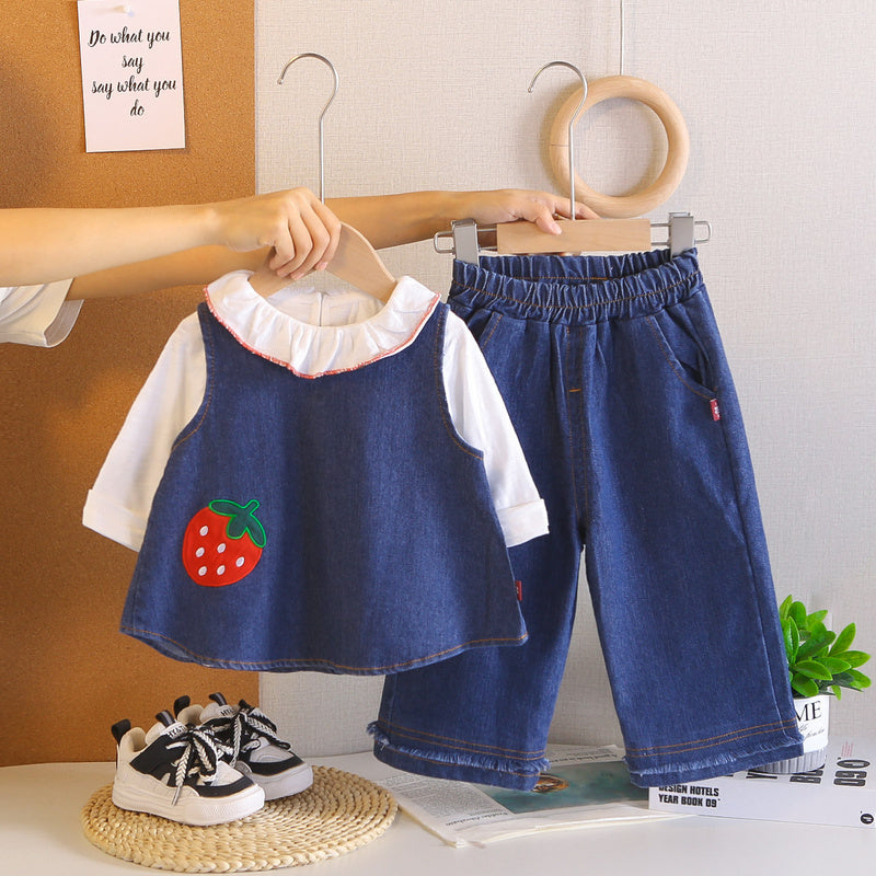 Girls' Spring Outfit 2026 New Fashionable Baby Girl Casual Clothes Children's Strawberry Embroidered Denim Three-Piece Set