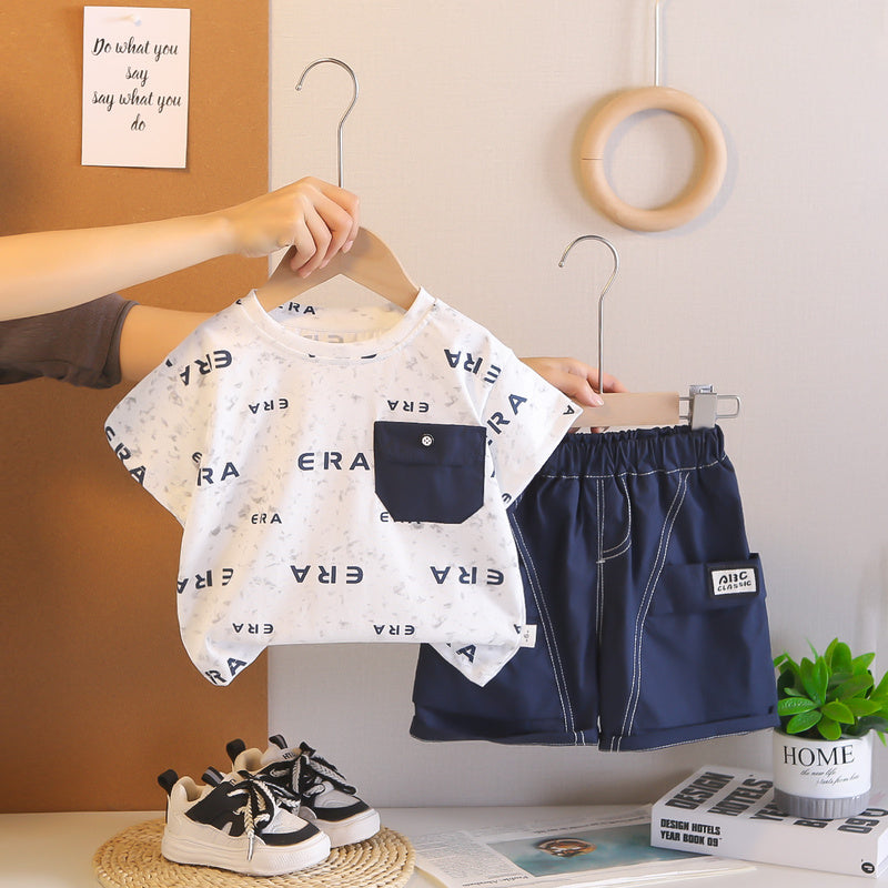 Boys' Summer Short-Sleeve Outfit 2026 New Fashionable Two-Piece Set for Children, Baby Clothes with Full Letter Print, Trendy