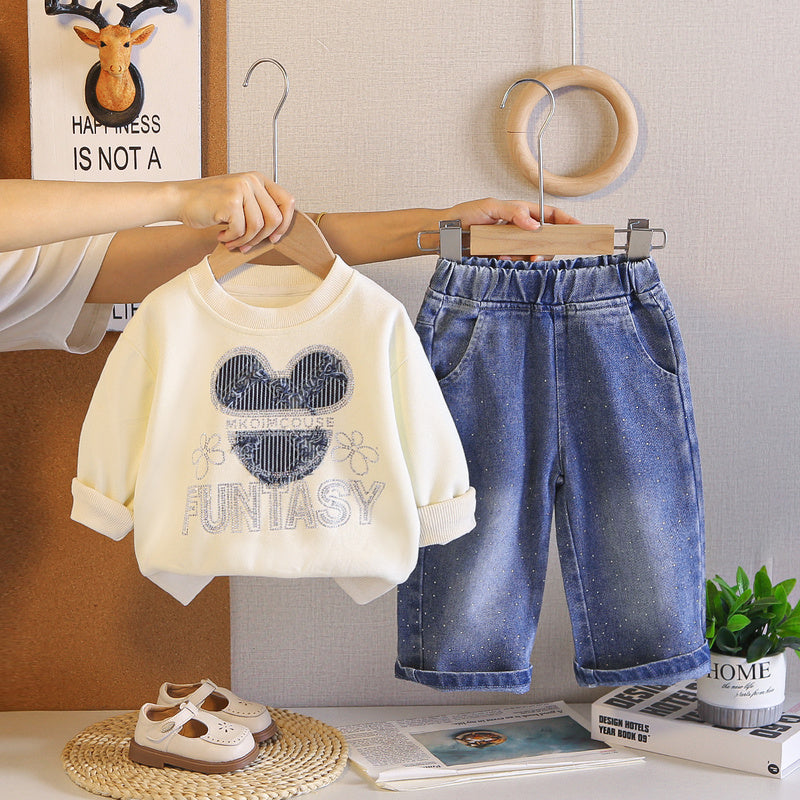 Girls' Autumn Cartoon Outfit 2026 Spring/Autumn New Casual Cat Head Sweatshirt Two-Piece Set Children's Baby Clothes