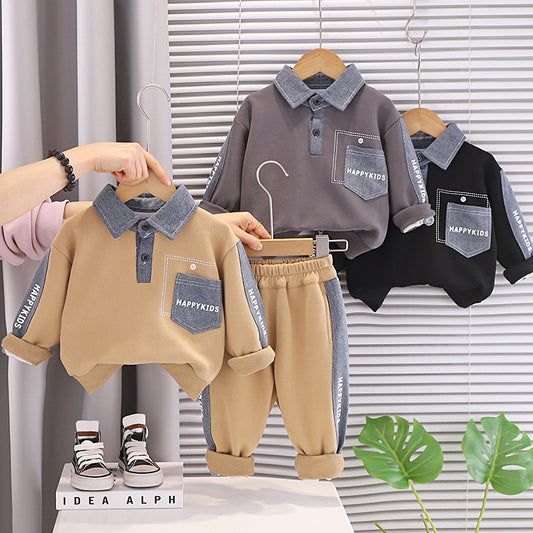 Boys' Suit Spring and Autumn 2026 New Denim Pocket Sweatshirt Toddler Long Sleeve Baby Korean Style Two-Piece Set Trendy