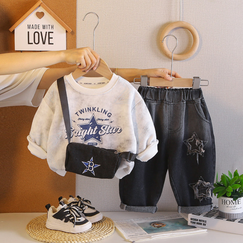 Boys' Stylish Spring and Autumn Outfit 2026 New Children's Star Pattern Hoodie Two-Piece Set Long Sleeve Baby Clothes