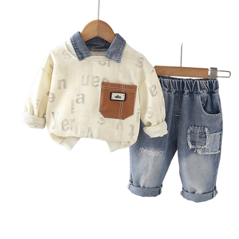 1-year-old boy's stylish spring sports outfit, trendy 3-piece baby spring/autumn full-print letter sweatshirt two-piece set for infants