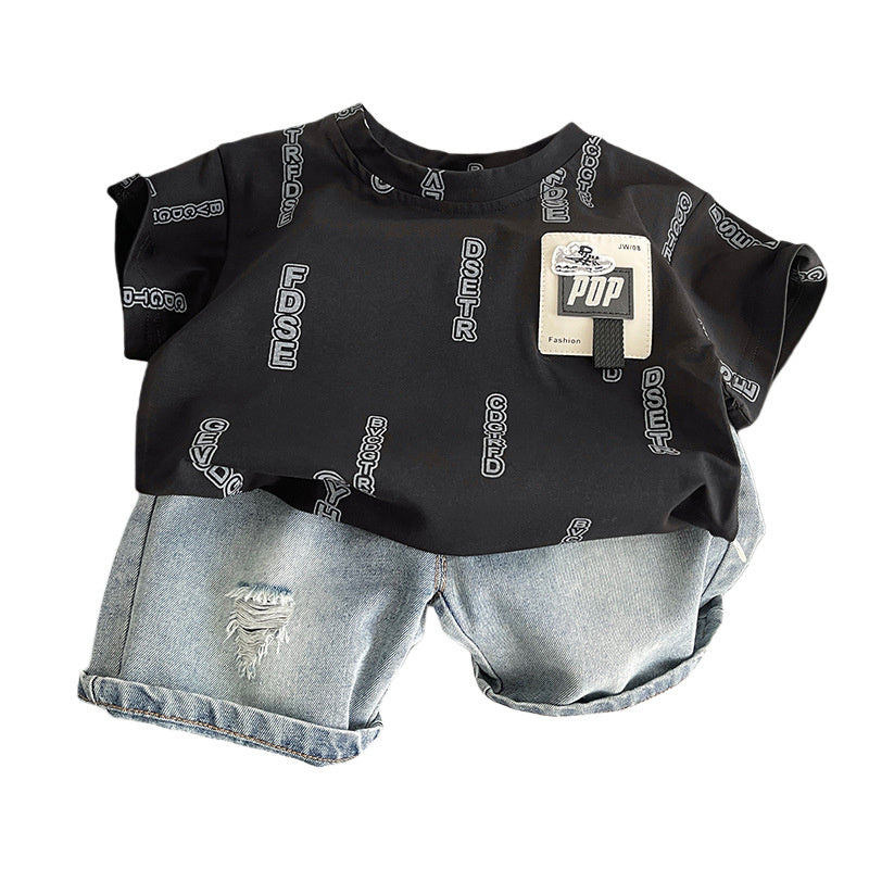 Summer new casual short-sleeve two-piece set for children, with letter-printed round-neck top and loose-fitting jeans