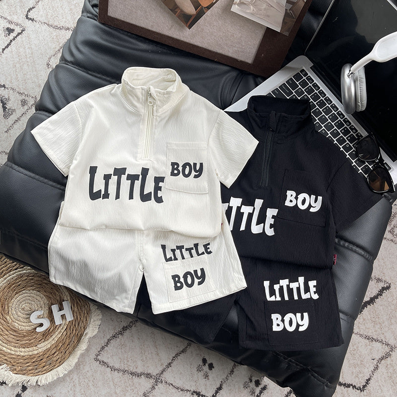 Summer boys' outfit stylish toddler letter print half-zip short-sleeve suit casual fashion sporty children's clothing trendy