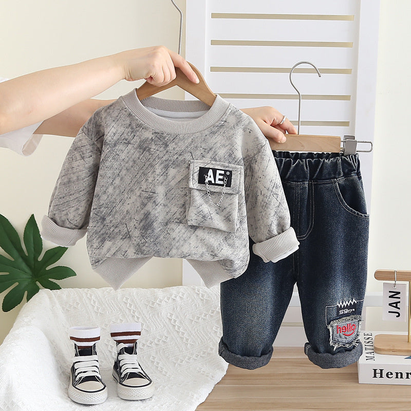 Spring New Children's Clothing Korean Style Boys' Sweatshirt and Jeans Two-Piece Set Toddler Autumn Outfit