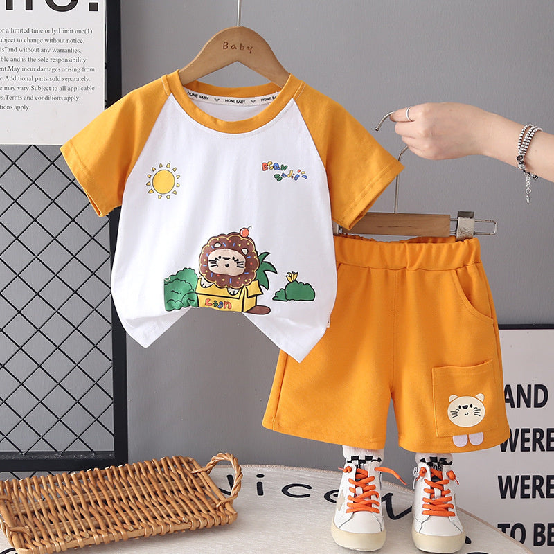 Boys' Round Neck Short Sleeve 2026 New Children's Summer Outfit Baby Cartoon Sun Color Block Two-Piece Trendy Set