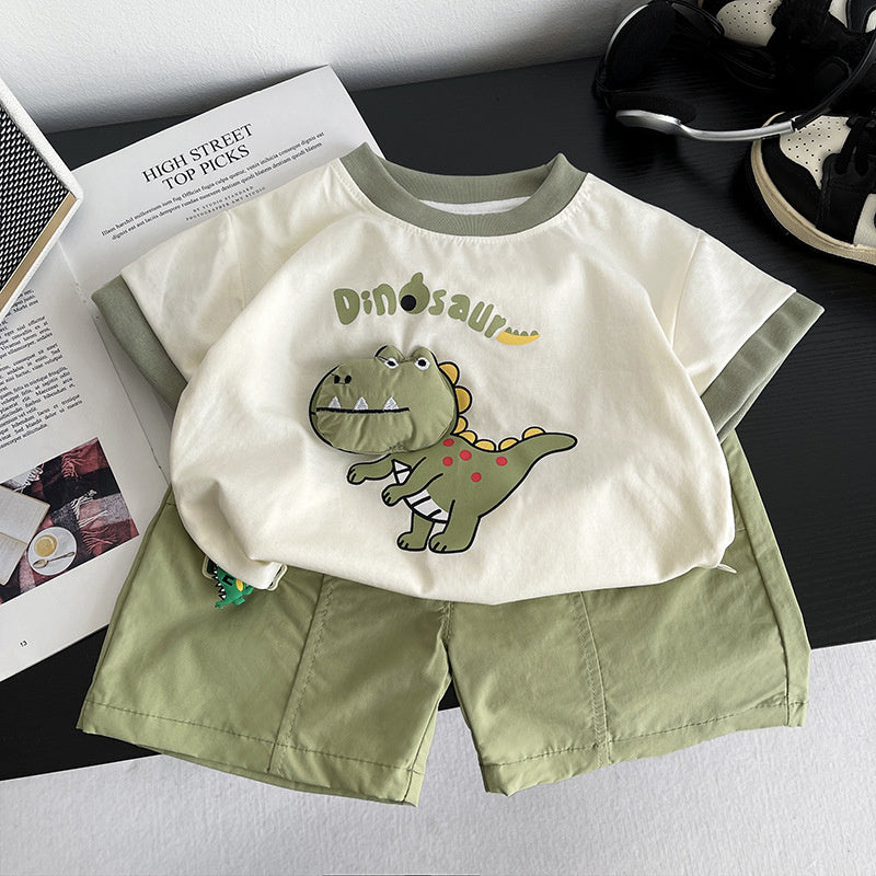 Boys' Outfit Dinosaur Round Neck Short Sleeve New Fashionable Summer Two-Piece Set for Baby Boys with Shorts