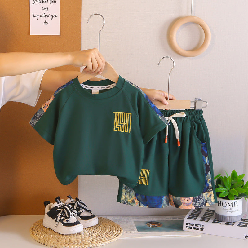 Boys' color-blocked short-sleeve suit outfit 2026 new model children's summer thin style casual clothing for boys and toddlers