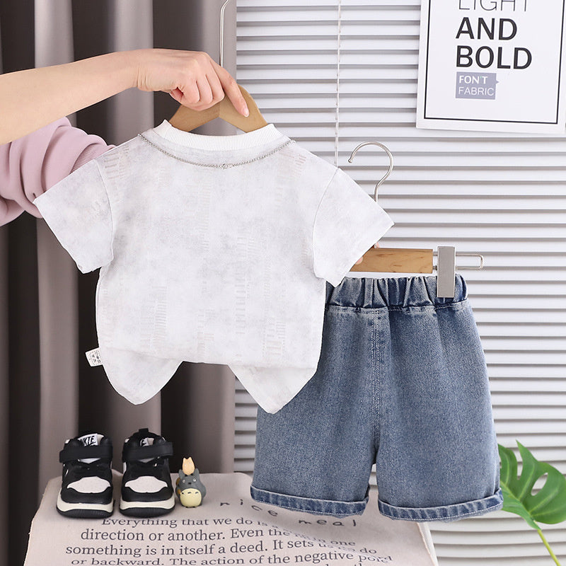 Stylish short-sleeve outfit baby boys, infant letter-print two-piece set, trendy summer suit for boys