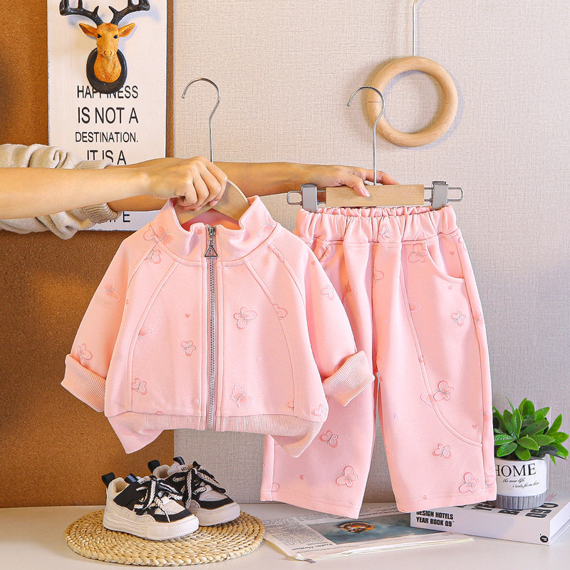 Baby children's clothing, baby girl outfit, heart-shaped butterfly set, Korean style fashionable girl's spring and autumn two-piece zipper set