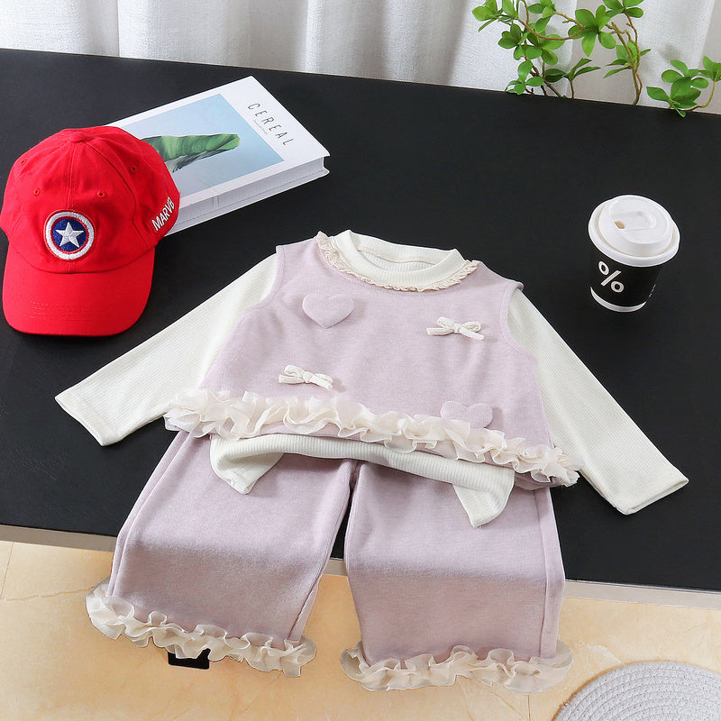 Children's clothing for girls, stylish outfit fashionable girl spring and autumn lace heart-shaped vest three-piece set, trendy baby clothes