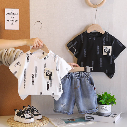 Summer new casual short-sleeve two-piece set for children, with letter-printed round-neck top and loose-fitting jeans