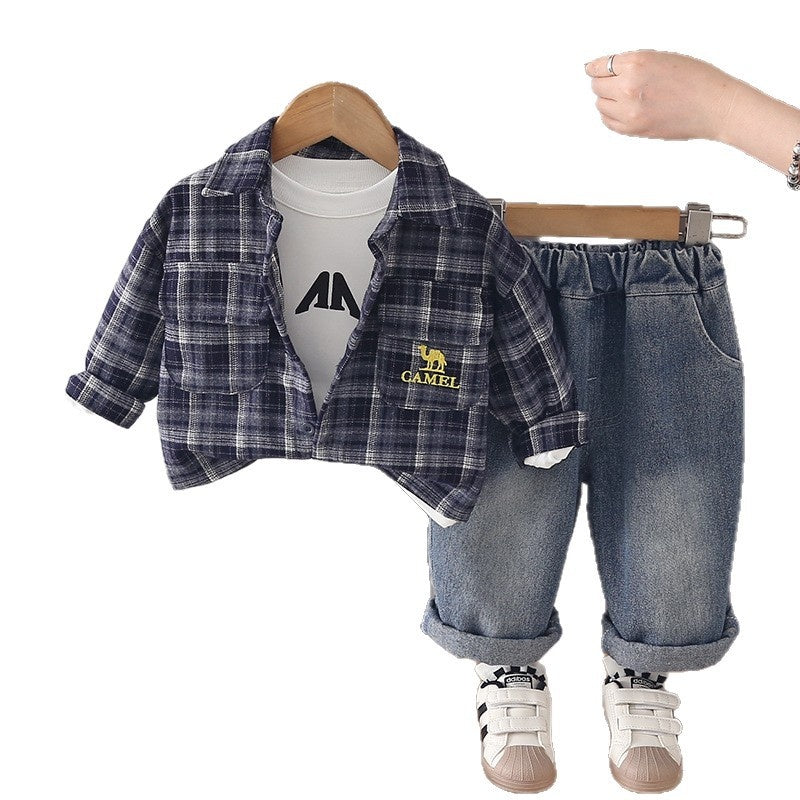 Boys' Suit 2026 New Style Children's Spring and Fashionable Baby Autumn Plaid Embroidered Jacket Three-Piece Set