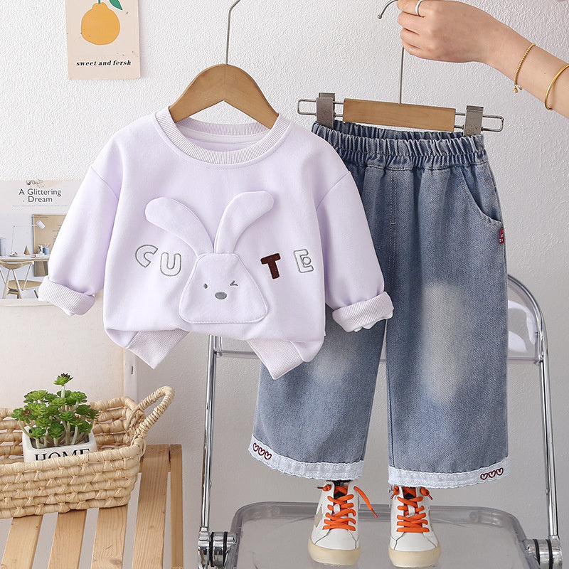 Girls' Sweatshirt 2026 New Fashionable Children's Outfit Baby Long-Eared Rabbit Clothes Spring and Autumn Two-Piece Set Trendy