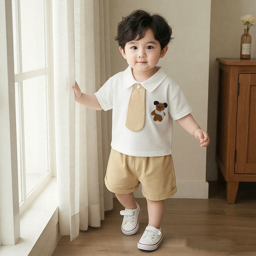Boys and girls outfit 2026 new style children's cute summer clothes baby cartoon tie short-sleeve two-piece set