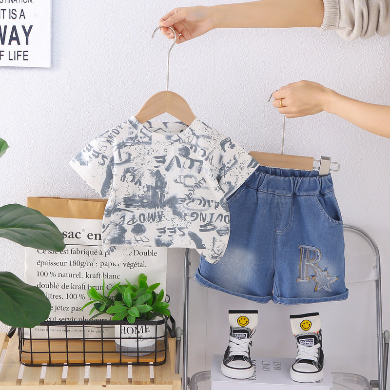 Boys' Summer Outfit 2026 New Style Children's Short Sleeve Denim Shorts Two-Piece Set Baby Fashionable Casual Trendy