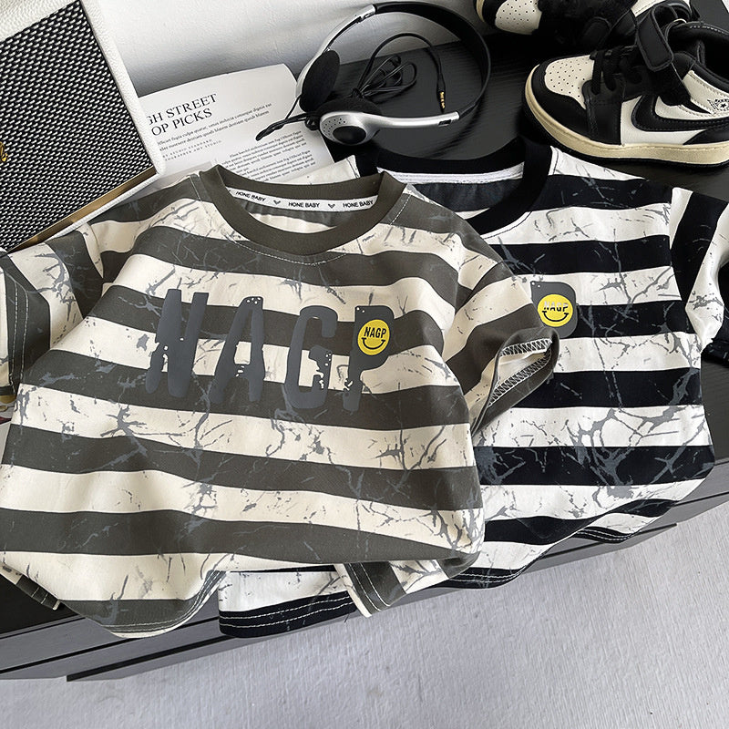 Boys' Outfit 2026 New Stylish Striped Smiley Face Short Sleeve Two-Piece Set Baby Summer Clothes Trendy Children's Wear