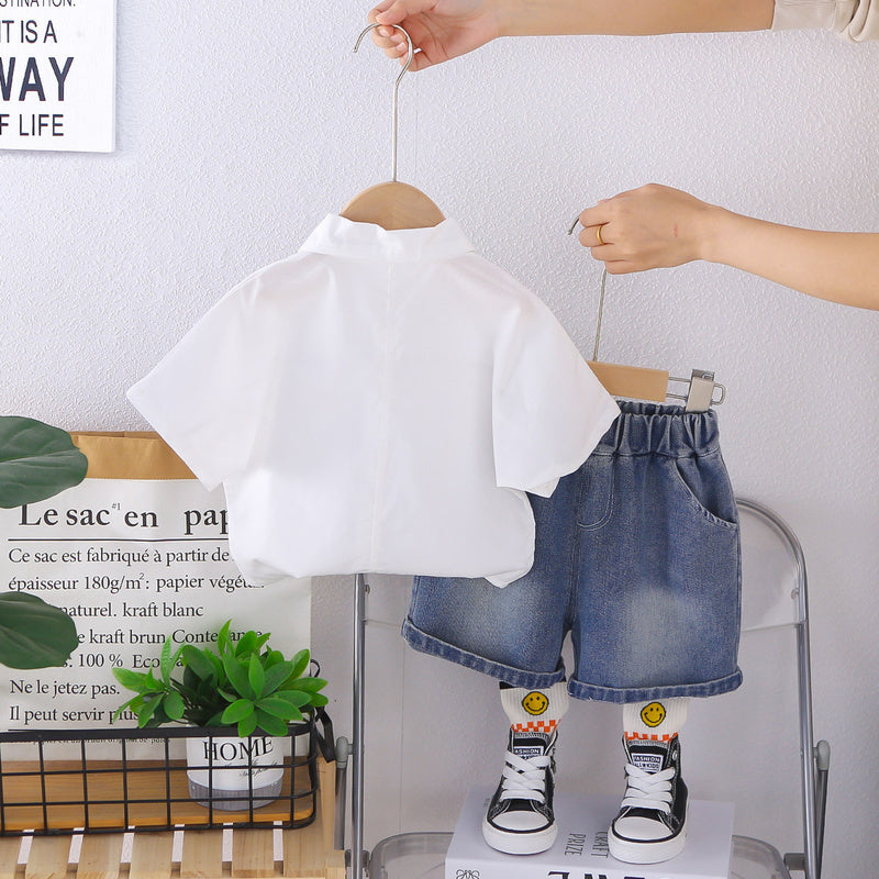 Boys' Outfit 2026 New Style Children's Summer Twill Tie Short Sleeve Shirt Two-Piece Set Baby Clothes Trendy