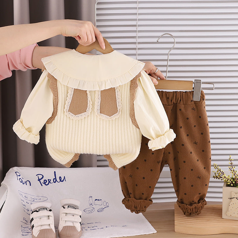 Girls' Spring Outfit for 1-2-3 Year Old Baby Girls, Stylish Fashionable Clothes, Children's Wear, Rabbit Ear Sweater Three-Piece Set