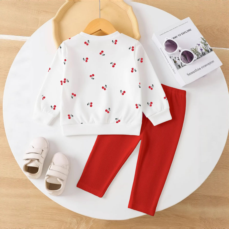 Ins Baby Toddler Girl Spring Autumn Pullover Cherry Letter Print Sleeve Top Long Pants Casual Set