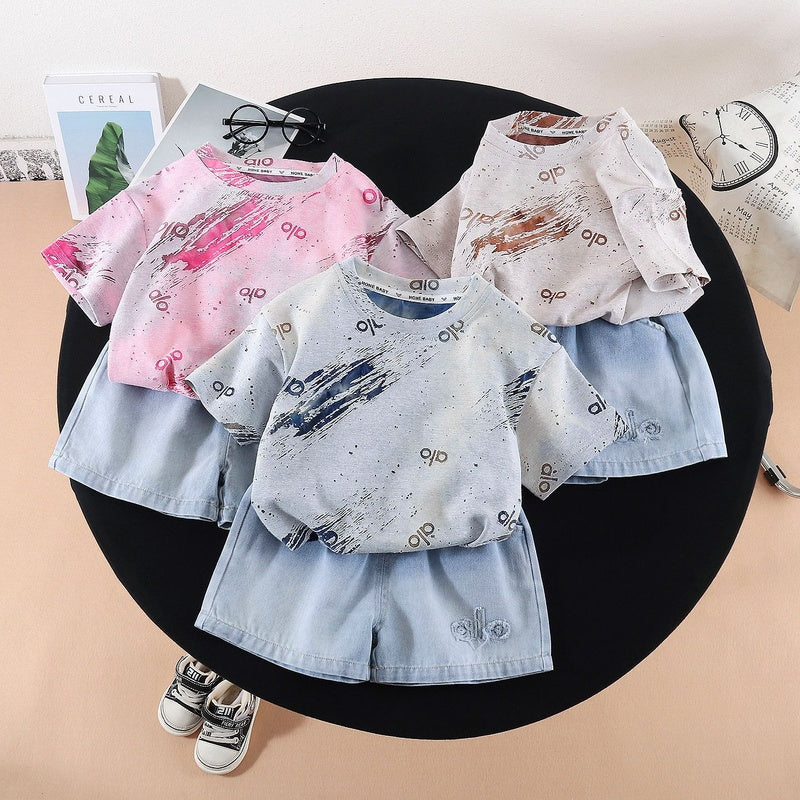 Children's 2026 Summer New Style Boys' Tie-Dye Letter Two-Piece Set Baby Short-Sleeve Sports Shorts