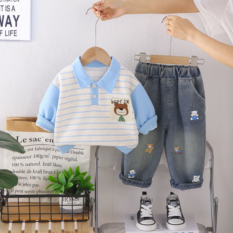 Korean-style baby autumn outfit 2026 new model boys' striped bear sweatshirt infant children's clothing two-piece set