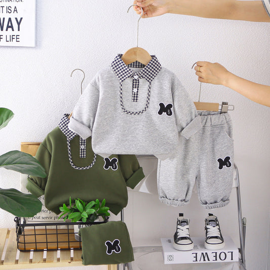 Boys' Outfit 2026 New Fashionable Children's Spring and Autumn Plaid Collar Sweatshirt Two-Piece Set Stylish Baby Trendy
