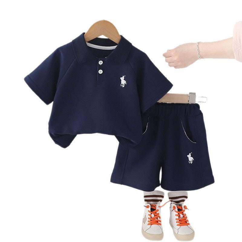 2025 Korean-style children's outfit, new summer model, boys' embroidered polo shirt, baby short-sleeve shorts, stylish two-piece set