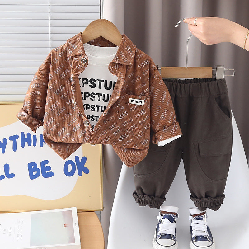 Boys' and Autumn Outfit 2026 New Children's Spring Printed Corduroy Three-Piece Set for Boys, Trendy Baby Clothes