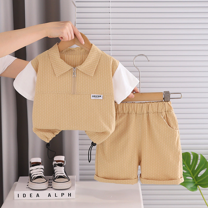 Boys' Outfit 2026 New Style Infant and Toddler Half-Zip Short-Sleeve Clothes Stylish Baby Boy Summer Two-Piece Set