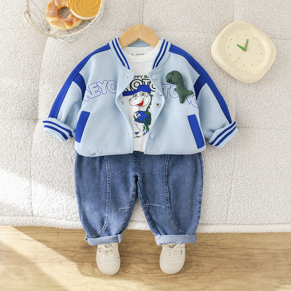 2025 Spring New Baseball Jacket Boys' Cartoon Korean Style Set Denim Huzhou Zhili Children's Clothing