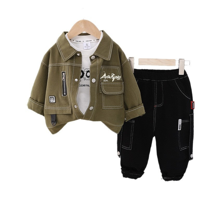 Boys' Outfit 2025 New Baby Spring and Autumn Korean Style Toddler Clothes Children's Casual Pocket Cargo Three-Piece Set