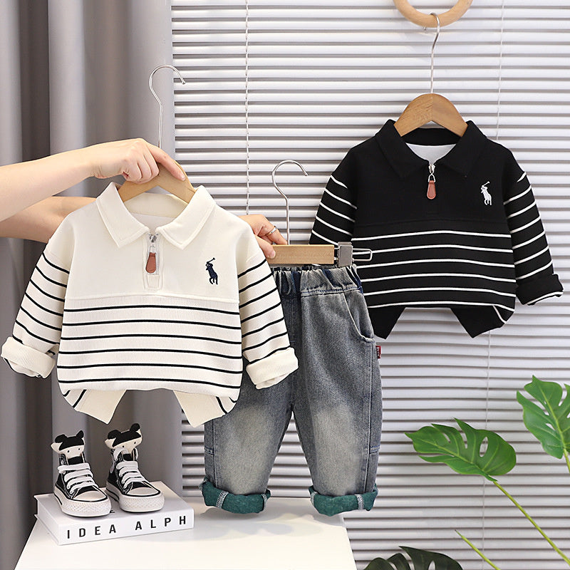Boys' Autumn Outfit 2026 New Style Baby Boy Spring Fashionable Half-Zip Striped Two-Piece Set for Infants and Children