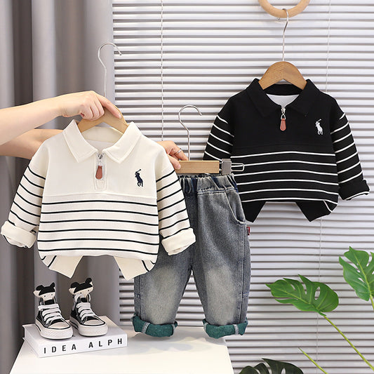 Boys' Autumn Outfit 2026 New Style Baby Boy Spring Fashionable Half-Zip Striped Two-Piece Set for Infants and Children
