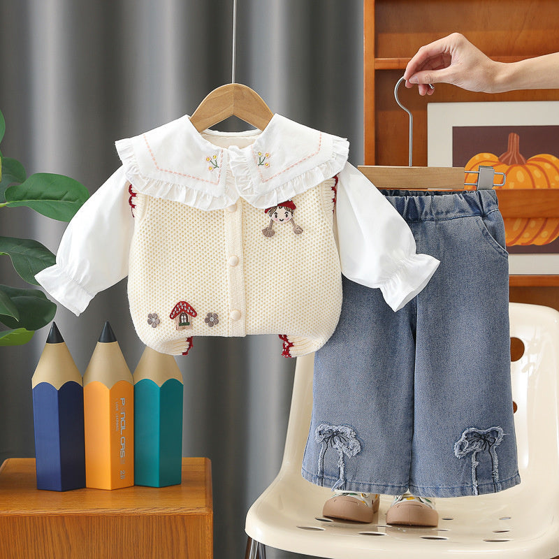 Girls' Spring and Autumn Long Sleeve Outfit 2026 New Baby Children's Clothing Cartoon Mushroom Sweater Three-Piece Set Trendy