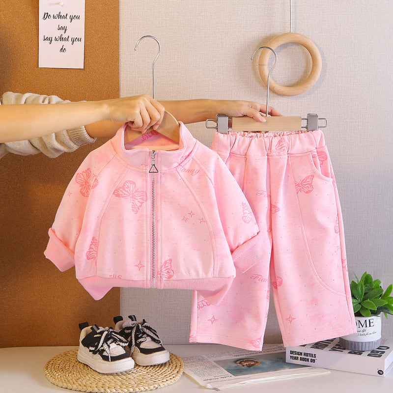 Girls' Spring Outfit 2026 New Fashionable Children's Clothing, Kids' Rhinestone Butterfly Coat, Stylish Two-Piece Set for Baby Girls