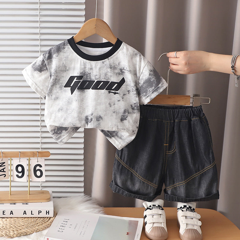 Children's Tie-Dye Letter Print Short Sleeve Set, New Summer Style for Boys, Cute and Stylish Casual Sports Two-Piece Outfit