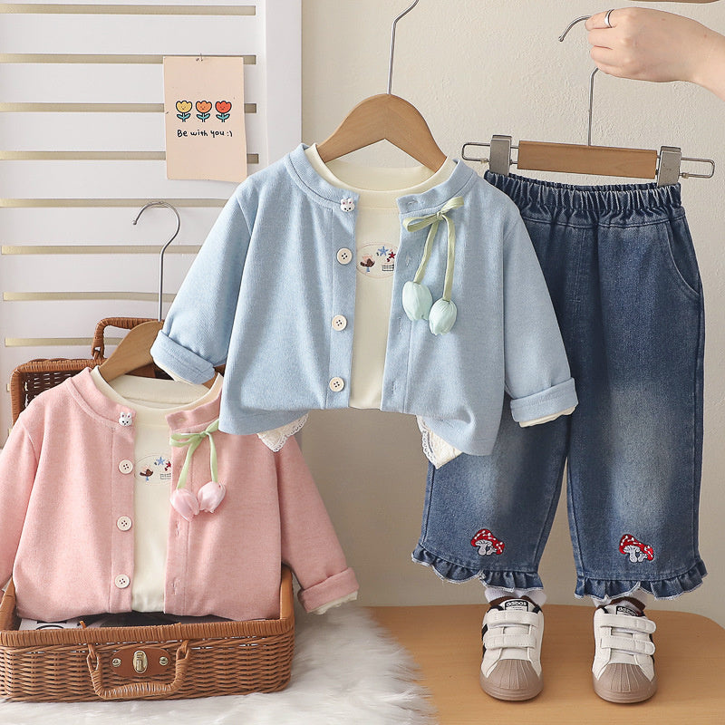 Girls' Outfit 2026 New Fashionable Tulip Cardigan Three-Piece Set Baby Spring and Autumn Casual Infant Children's Trendy Clothing