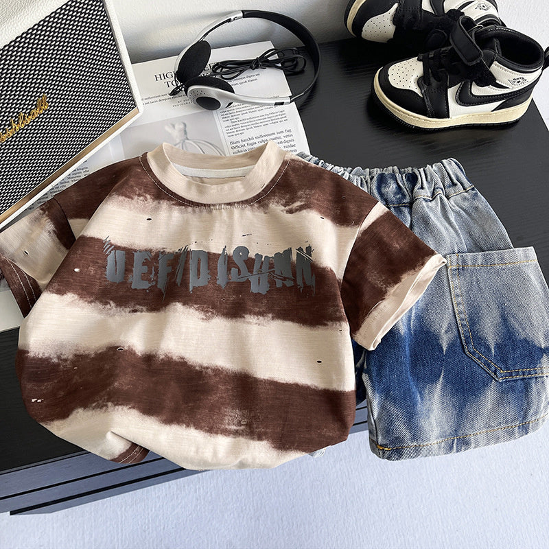 Baby Boy Outfit 2026 New Children's Summer Clothes 1-3 Years Old 5-Stripe Large Letter Short Sleeve Two-Piece Set Trendy