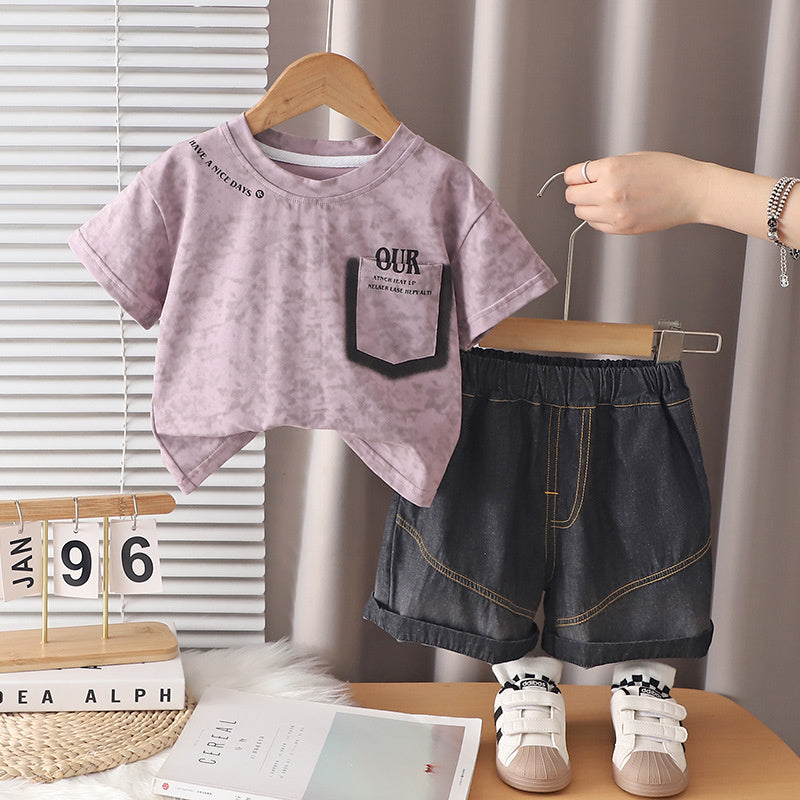 Boys' Outfit 2026 New Style Children's Letter Pocket Short Sleeve Korean Version Baby Summer Thin Two-Piece Set Trendy