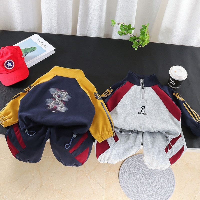 Boys' Spring and Autumn Outfit 2026 New Fashionable Infant Children's Clothing Baby Patchwork Half-Zip Two-Piece Set Trendy