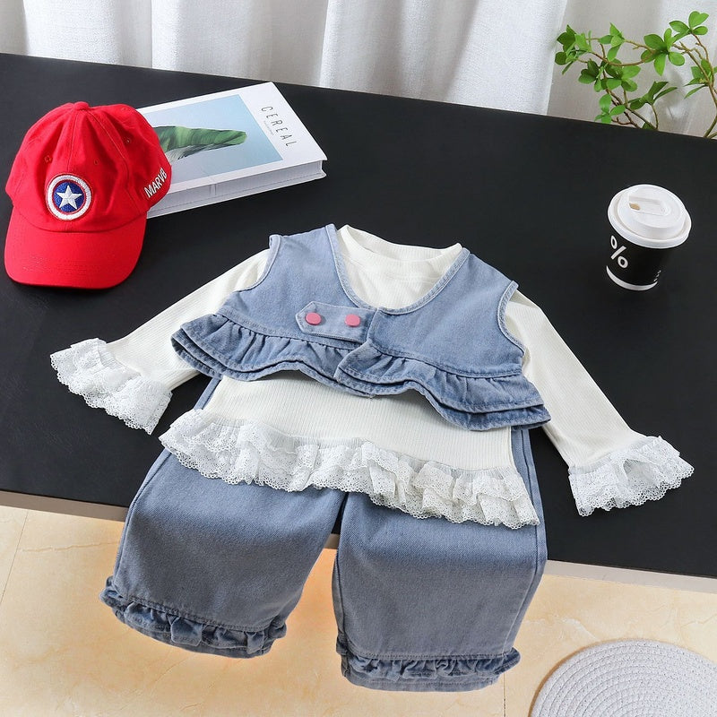 Girls' Outfit 2026 New Children's and Autumn Denim Suit with Large Bow on the Back Baby Girls, Korean Style for Spring