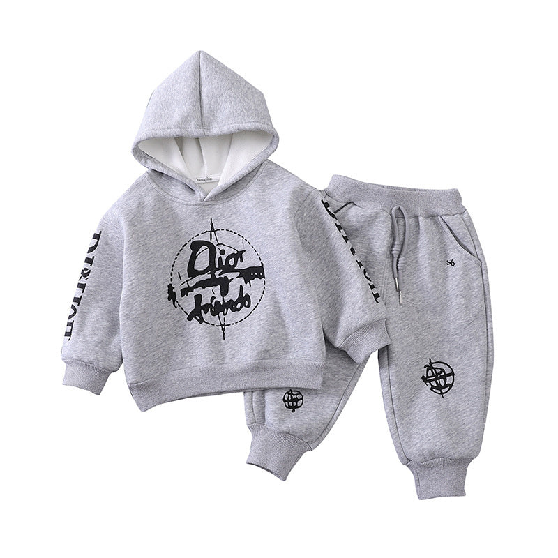 Baby Clothes Autumn and Winter, Korean Style Fleece-Lined Hooded Sweatshirt Two-Piece Set for Boys Aged 1-4 Years, Wholesale Children's Clothing