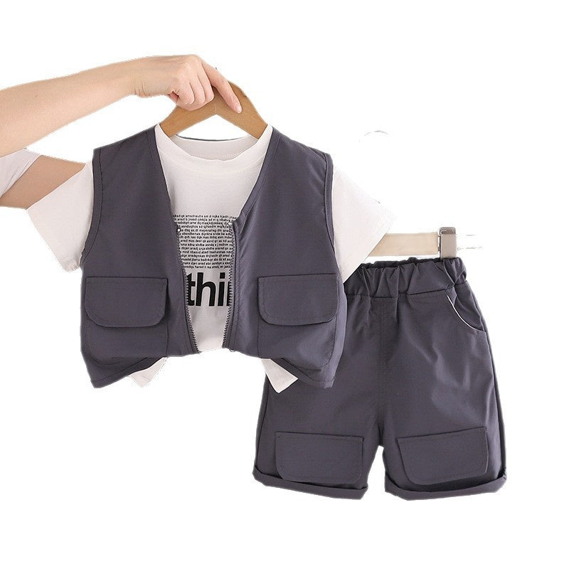 Boys' Summer Outfit 2026 New Fashionable and Stylish One-Year-Old Solid Color Vest Short Sleeve Three-Piece Set for Toddlers
