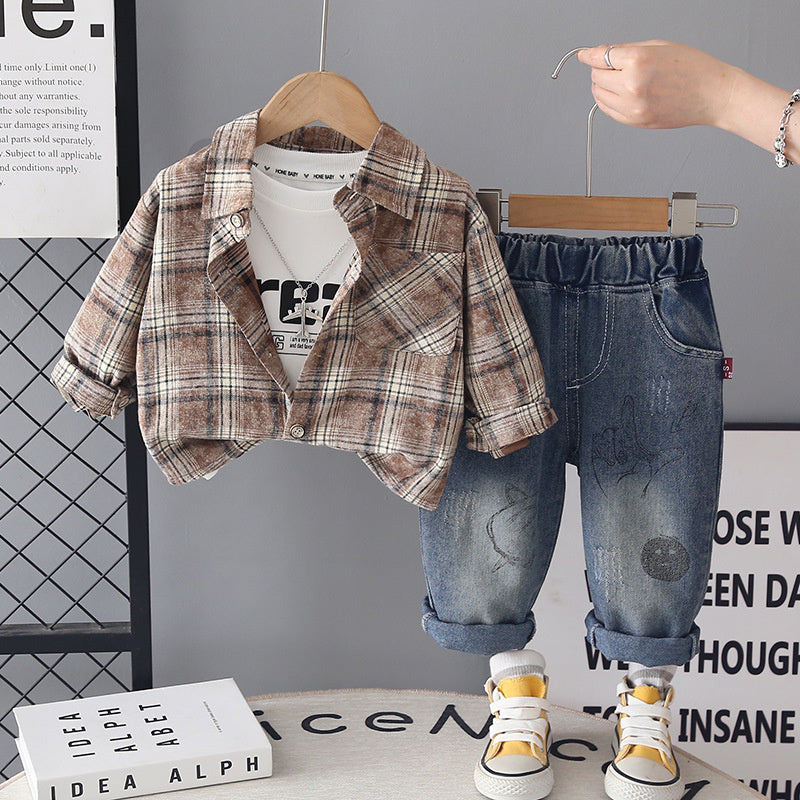 Boys' Suit 2026 New Spring and Style Children's Fashionable Round Pocket Plaid Shirt Baby Autumn Casual Three-Piece Set